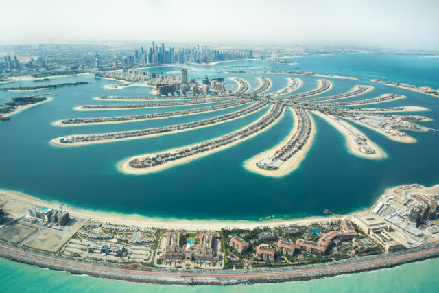 Aerial view of Palm Jumeirah man made island.